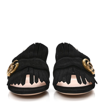 Gucci Kid Scamosciato GG Marmont Fringe 75mm Slide Sandals 37.5 Black 2 of 8