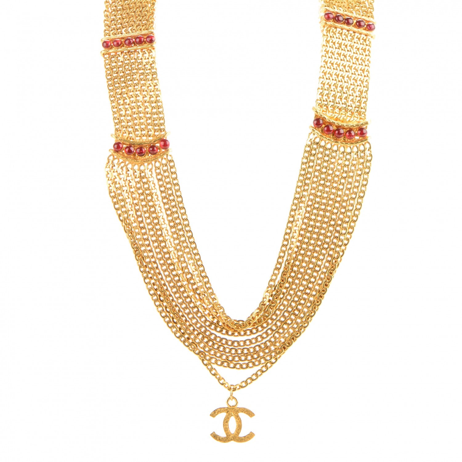Chanel Gripoix Multi Strand Chain Necklace Gold Red 1 of 7