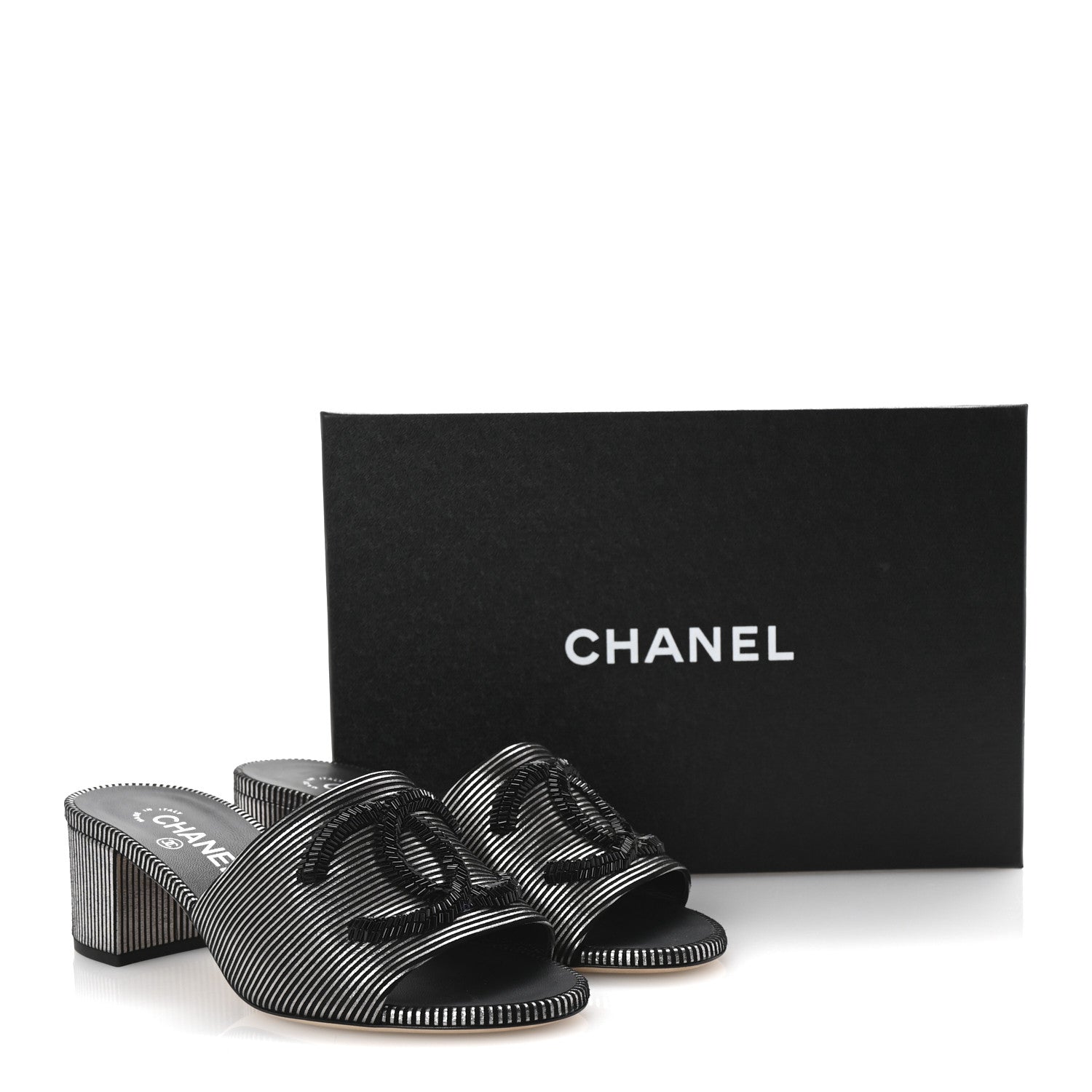 Chanel Calfskin Striped Beaded CC Mule Sandals 37.5 Black 10 of 10