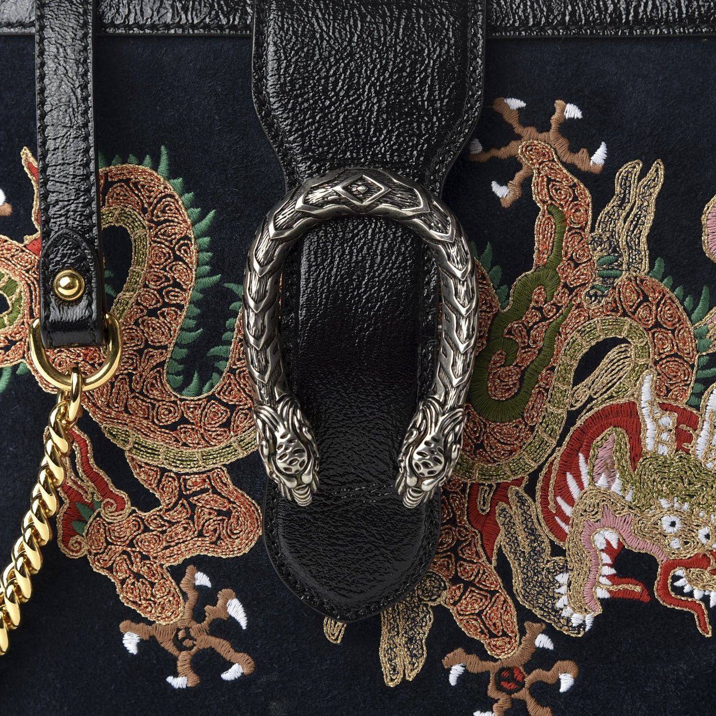 Suede Patent Dragon Embroidered Medium Dionysus Bucket Bag Dark Blue