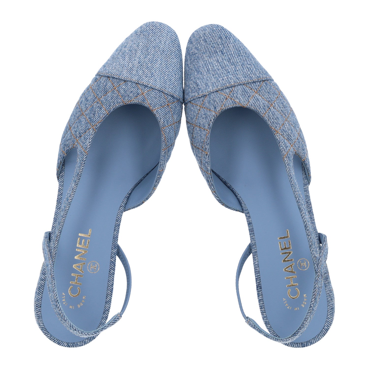 Chanel Denim Quilted Cap Toe CC Slingback Flats 40 Light Blue 2 of 11