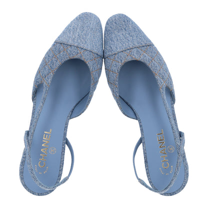 Chanel Denim Quilted Cap Toe CC Slingback Flats 40 Light Blue 2 of 11