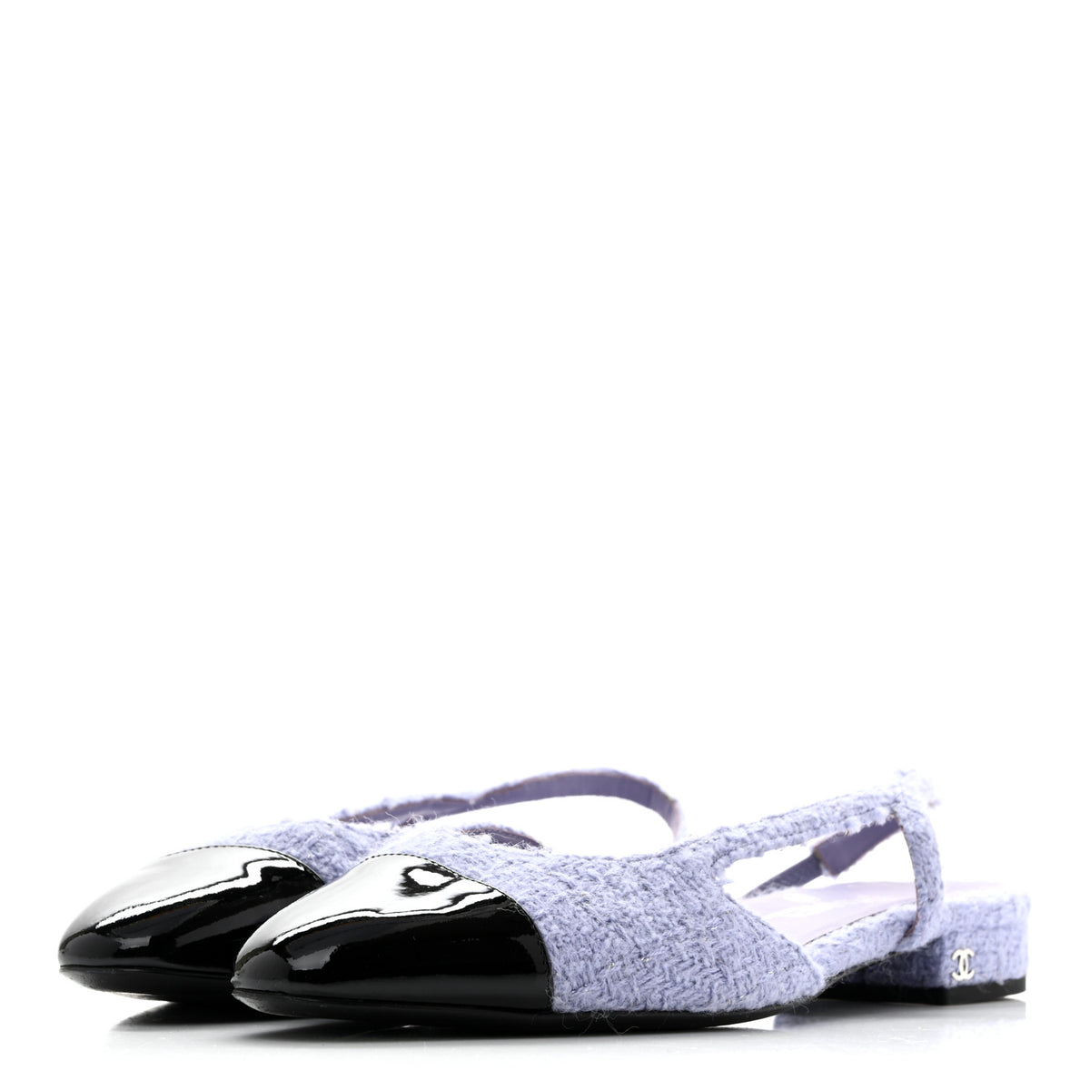 Iridescent Wool Tweed Patent Cap Toe CC Slingback Flats 39.5 Light Purple Silver Black