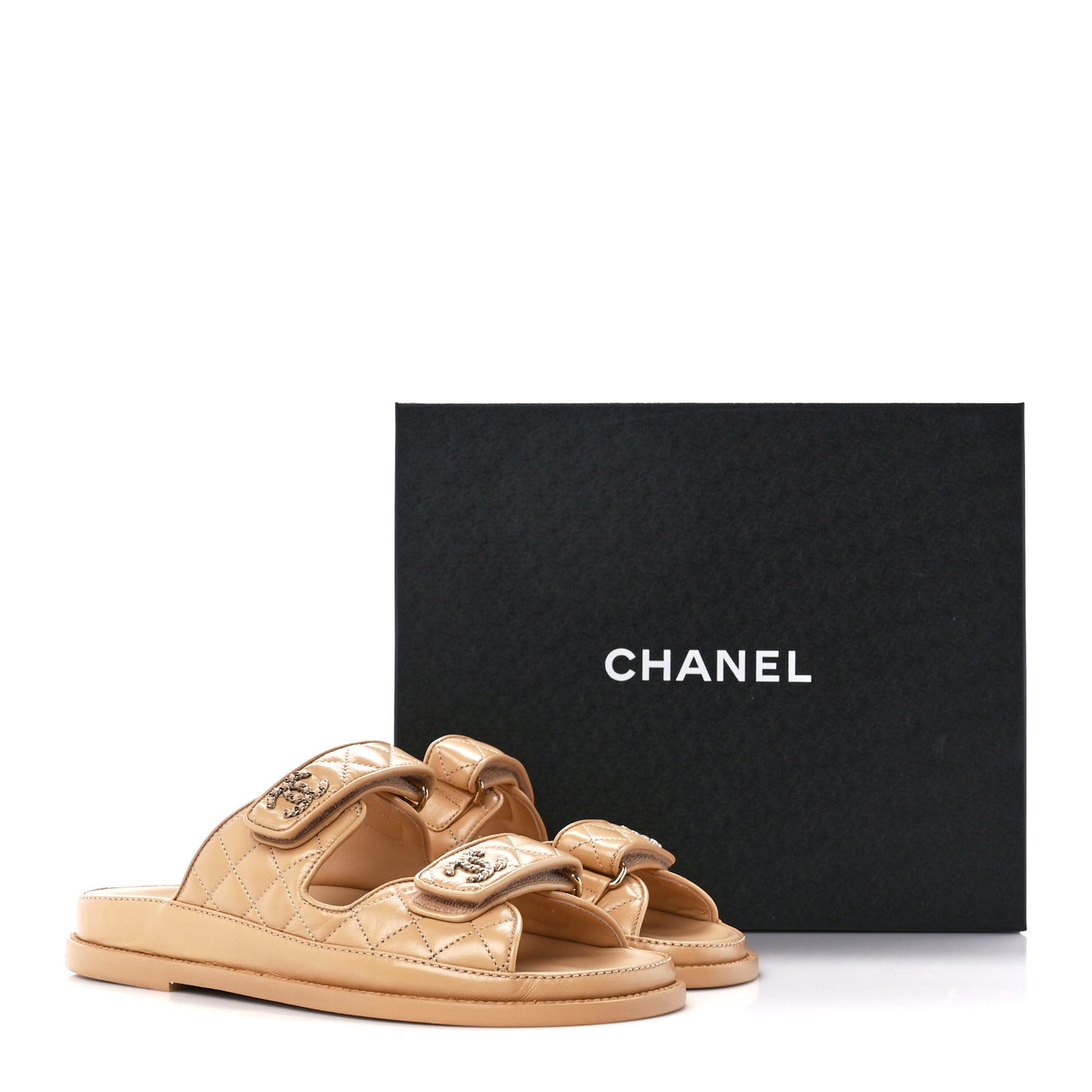 Lambskin Quilted Velcro Dad Chain CC Slide Sandals 38 Beige