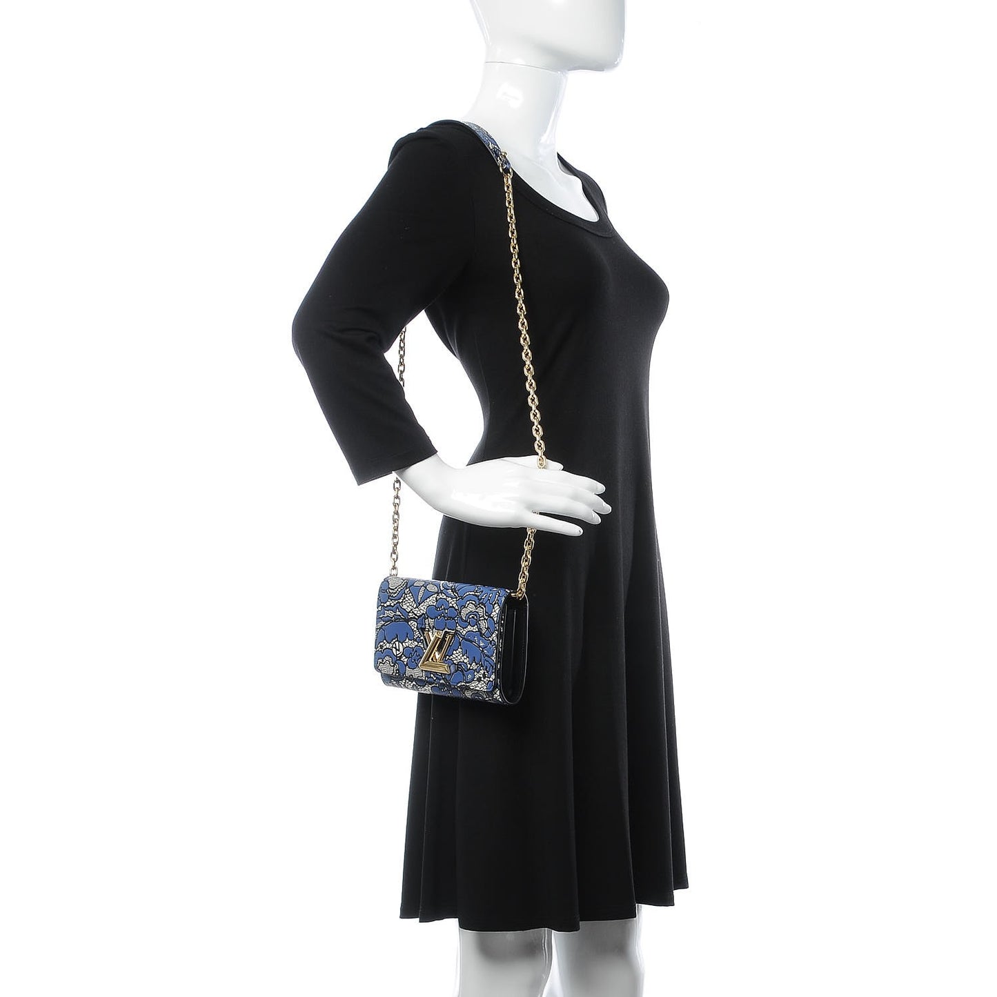 Calfskin Lace Flower Inlay Twist Chain Wallet Navy Black