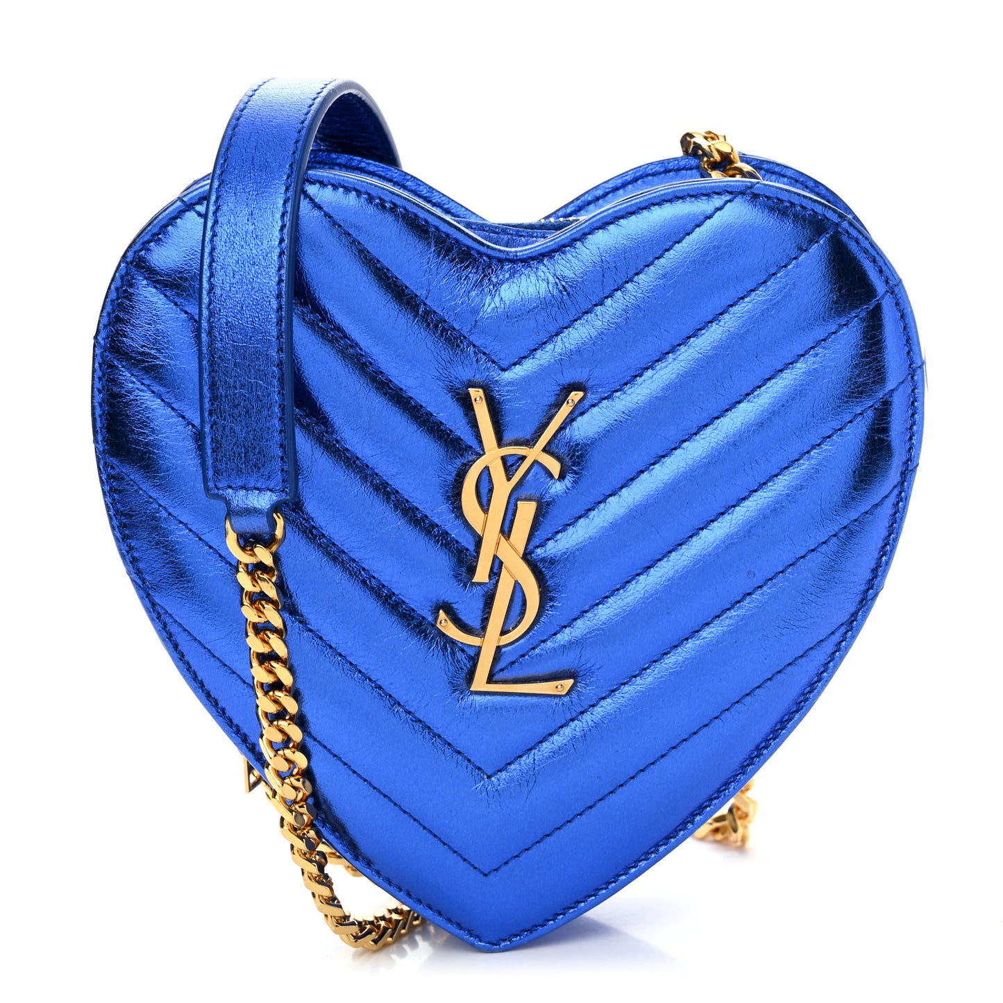 Metallic Calfskin Matelasse Chevron Monogram Small Love Heart Chain Bag Blue Royal