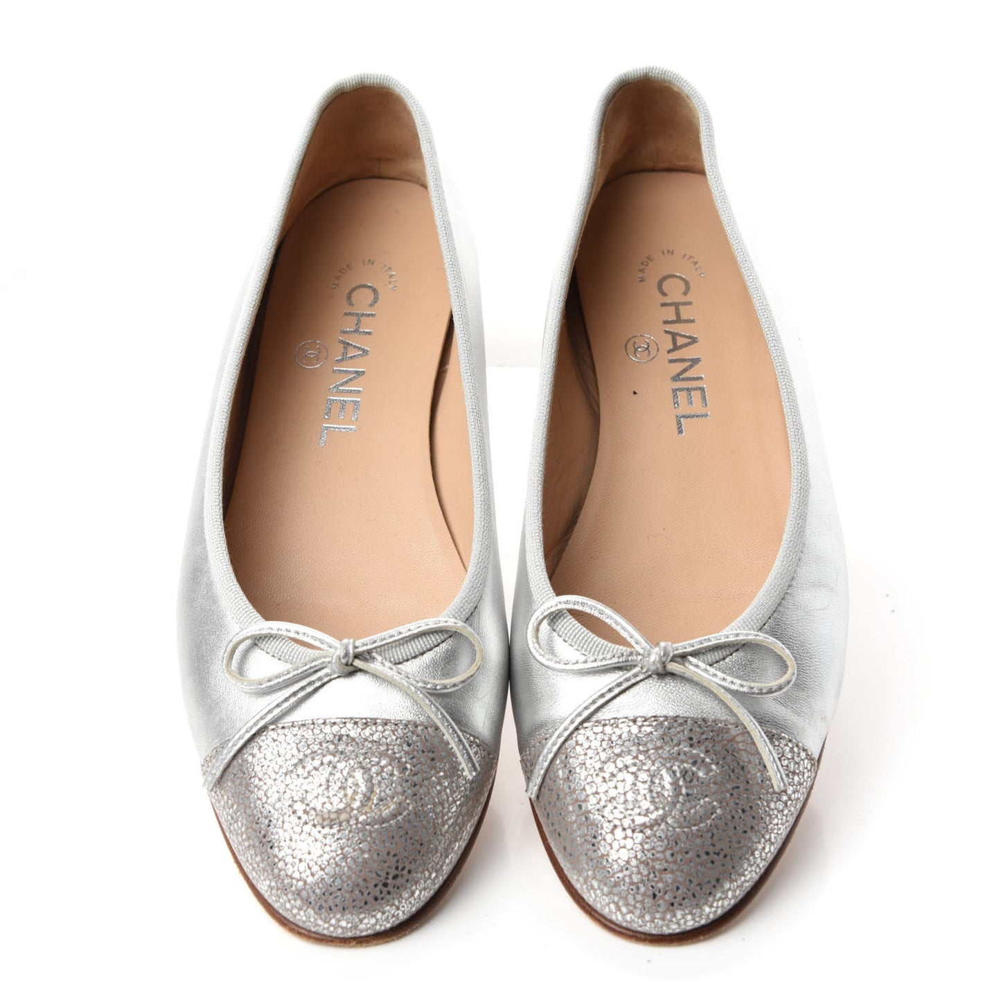 Metallic Lambskin CC Cap Toe Ballerina Flats 36.5 Silver