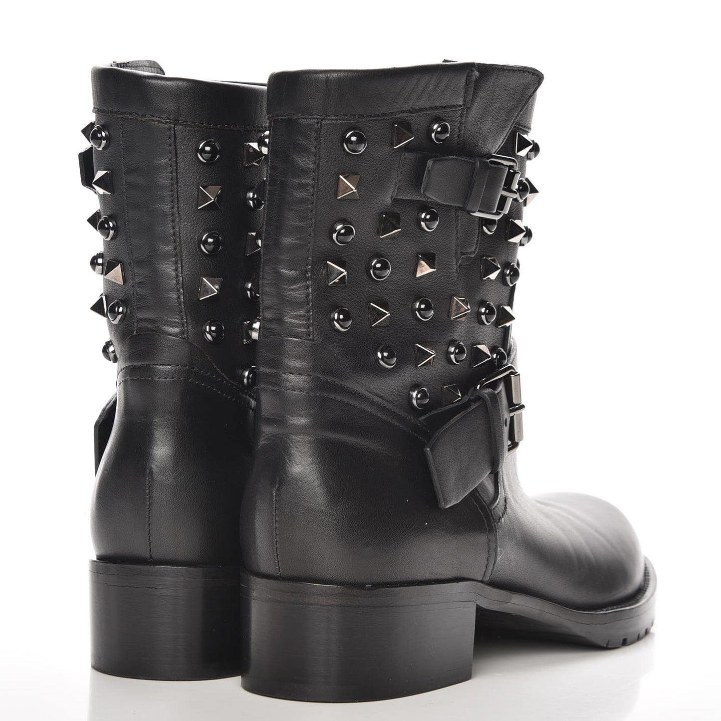 Calfskin Onyx Rockstud Rolling 30mm Biker Boots 37.5 Black