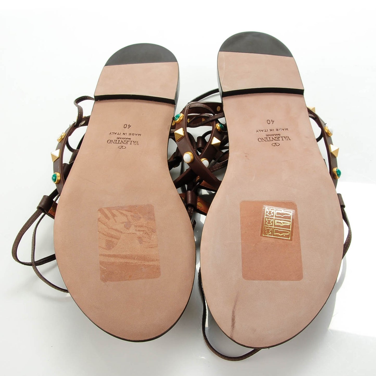 Calfskin Rockstud Rolling Cabochon Gladiator Flat Sandals 40 Cacao