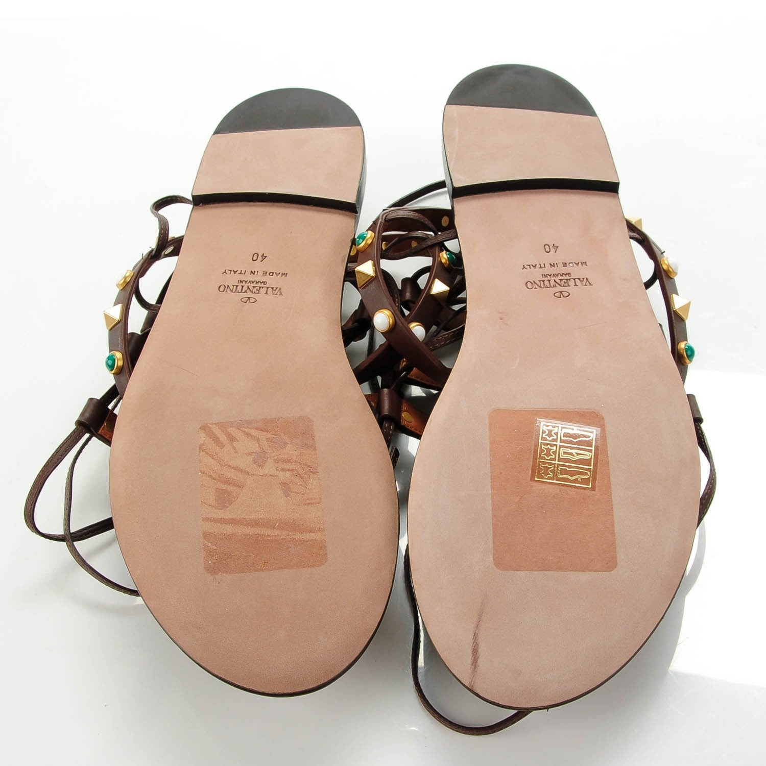 Valentino Garavani Calfskin Rockstud Rolling Cabochon Gladiator Flat Sandals 40 Cacao 6 of 7