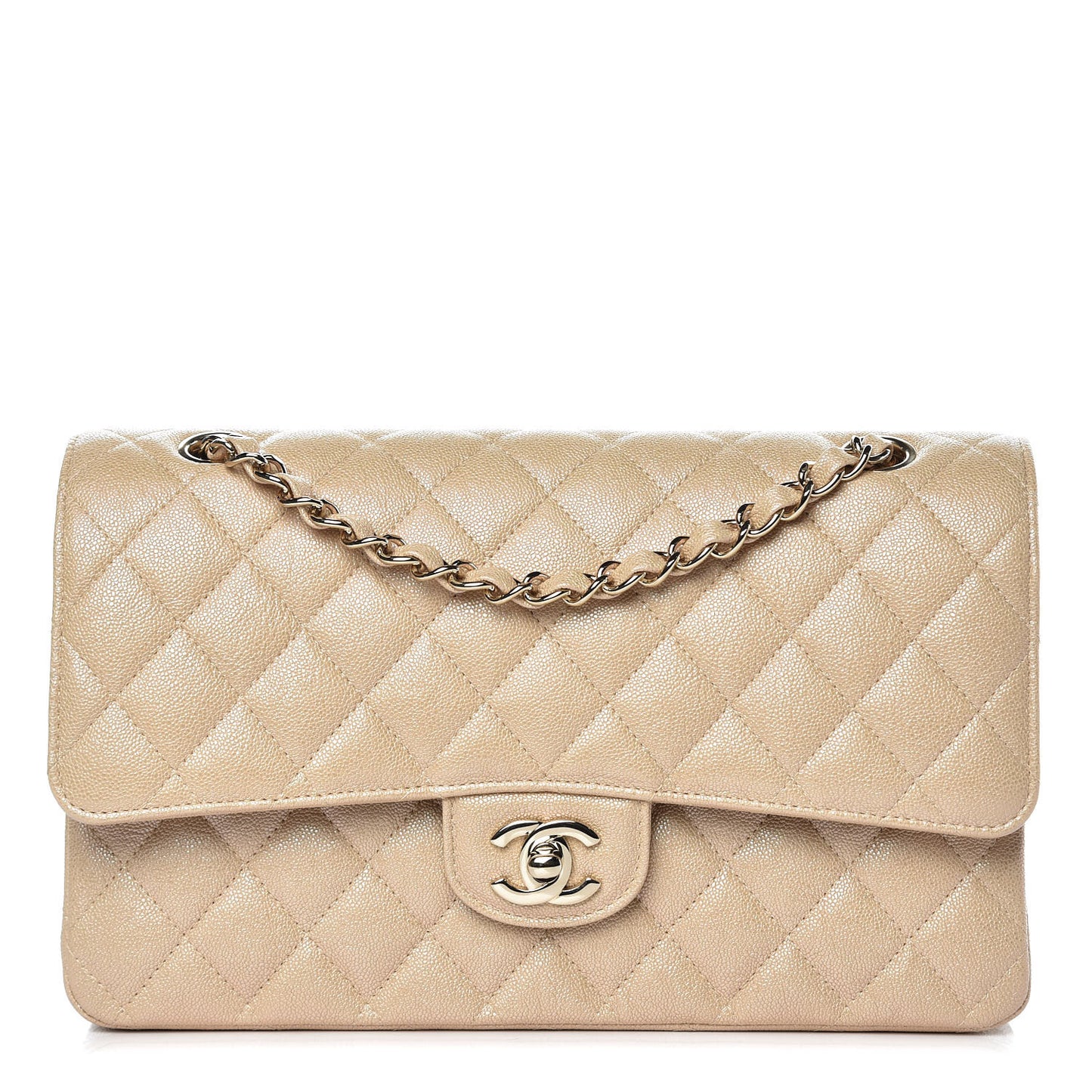 Iridescent Caviar Quilted Medium Double Flap Beige