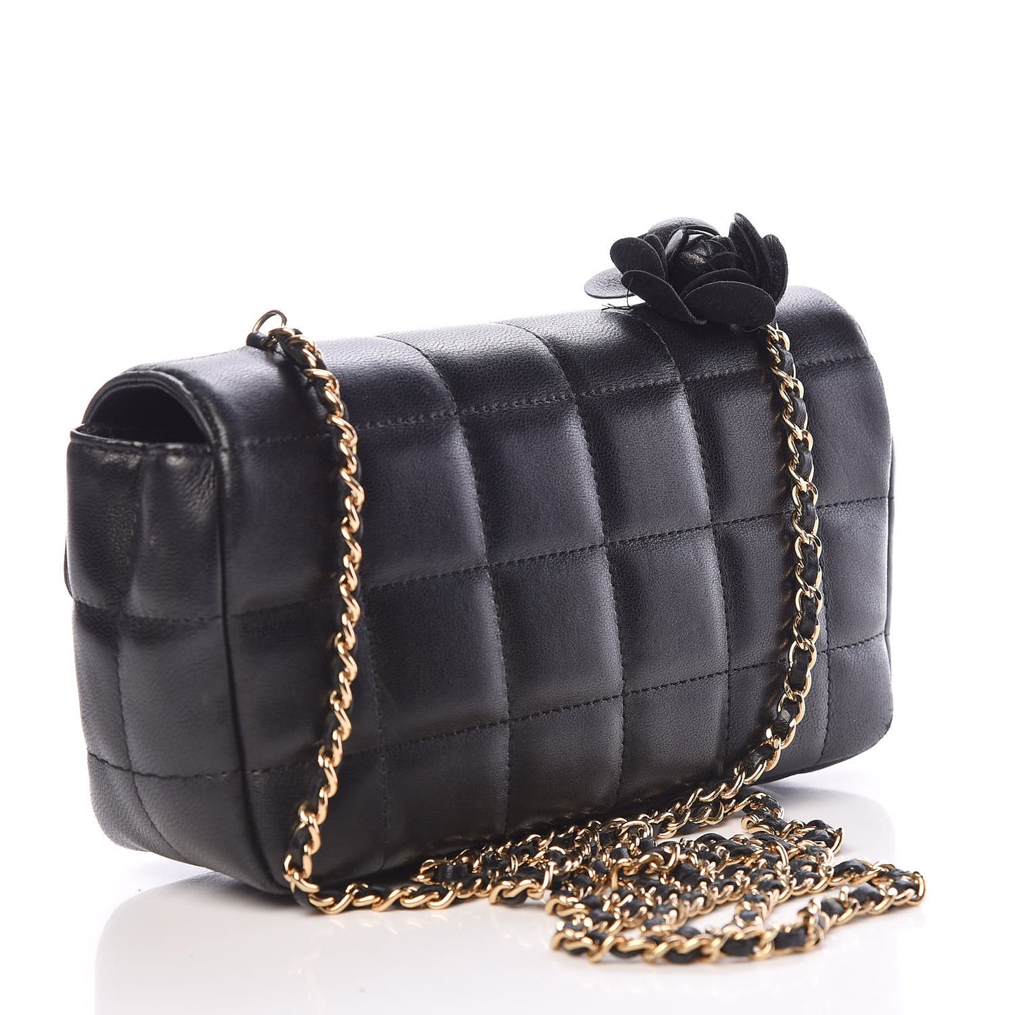 Lambskin Quilted Mini Chocolate Bar Camellia Flap Black