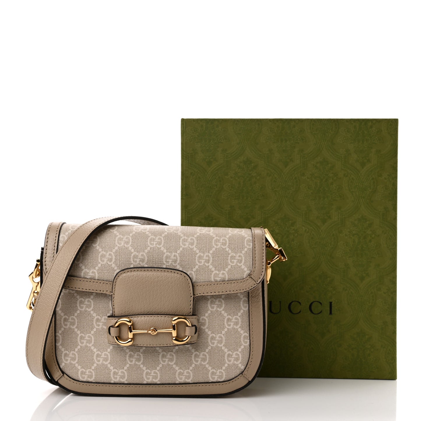 GG Supreme Monogram Textured Dollar Calfskin Web Mini Horsebit 1955 Shoulder Bag Beige Mystic White Oatmeal
