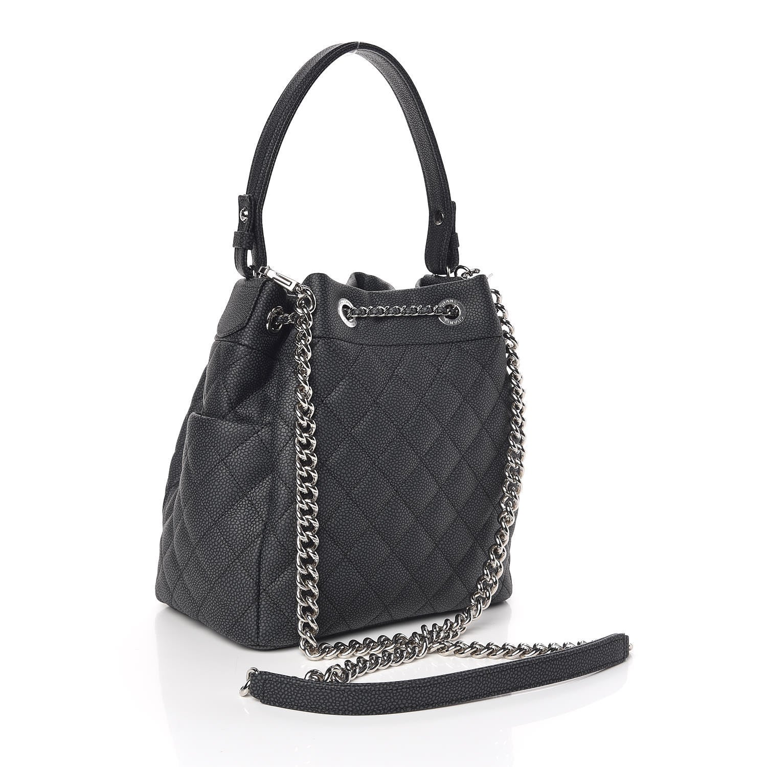 Chanel Caviar Flat Quilted CC Chain Bucket Drawstring Bag Black 3 of 9