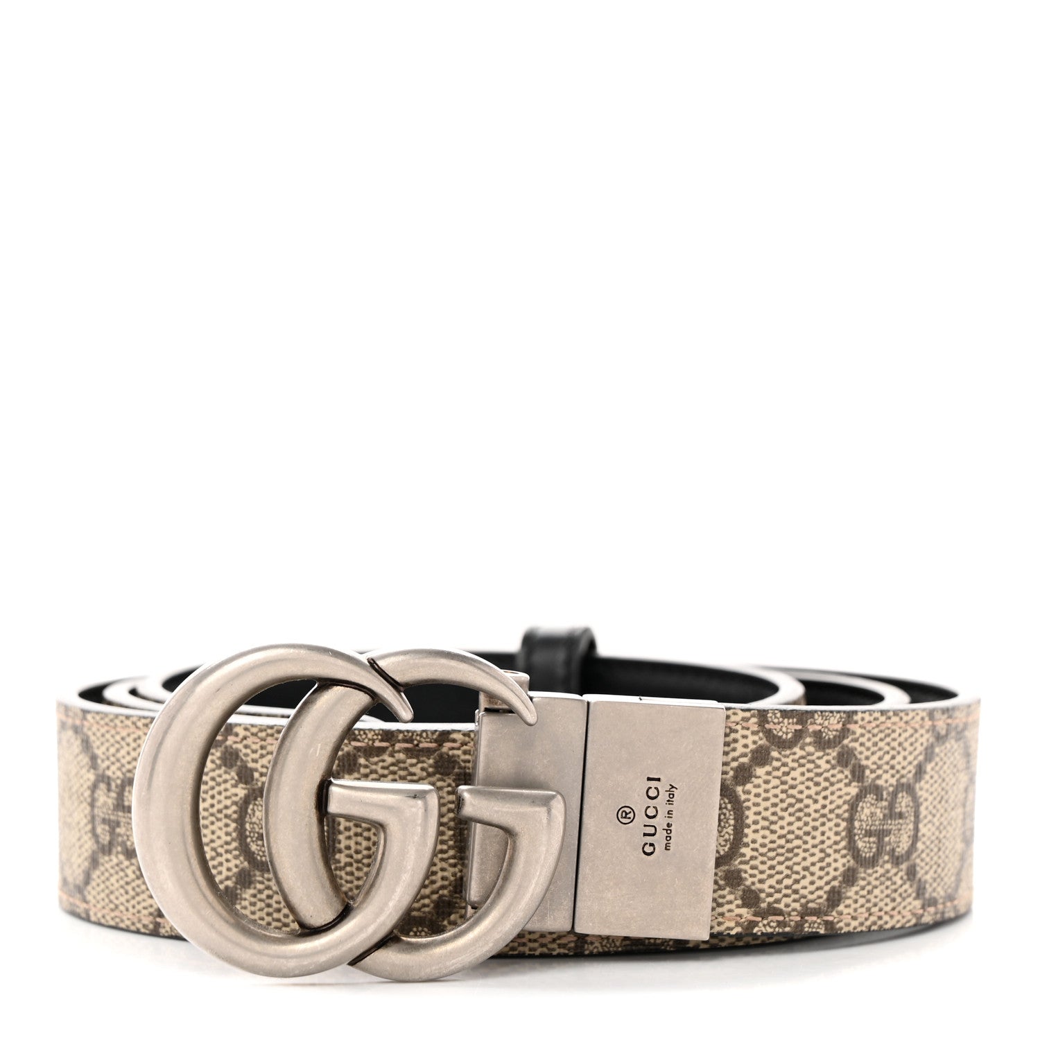 Gucci GG Supreme Monogram Plutone Calfskin Palladium Double G Reversible 30mm Belt 90 36 Beige Ebony Black 1 of 10