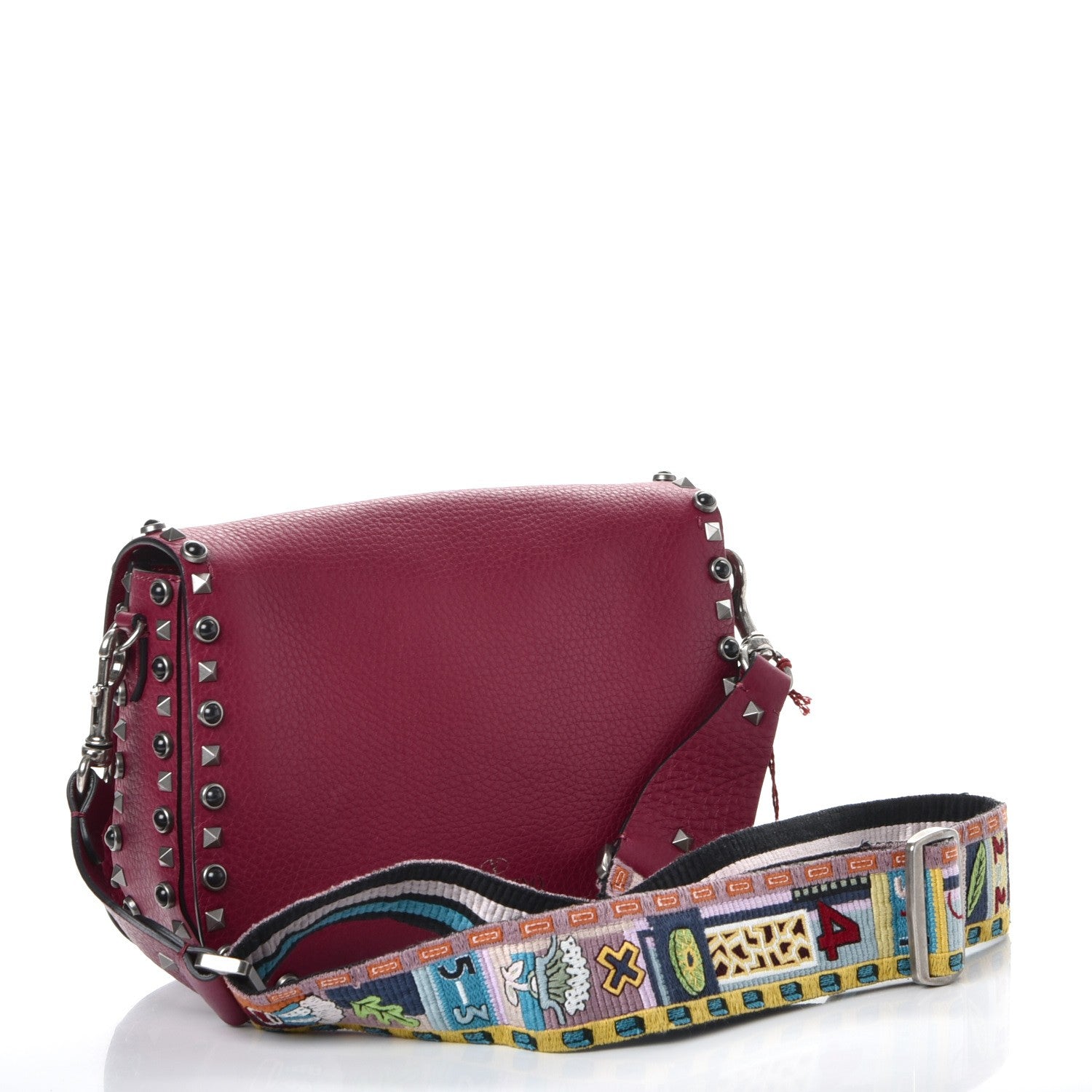 Valentino Garavani Grained Calfskin Onyx Medium Guitar Strap Rockstud Rolling Flap Saddle Bag Disco Pink 3 of 7