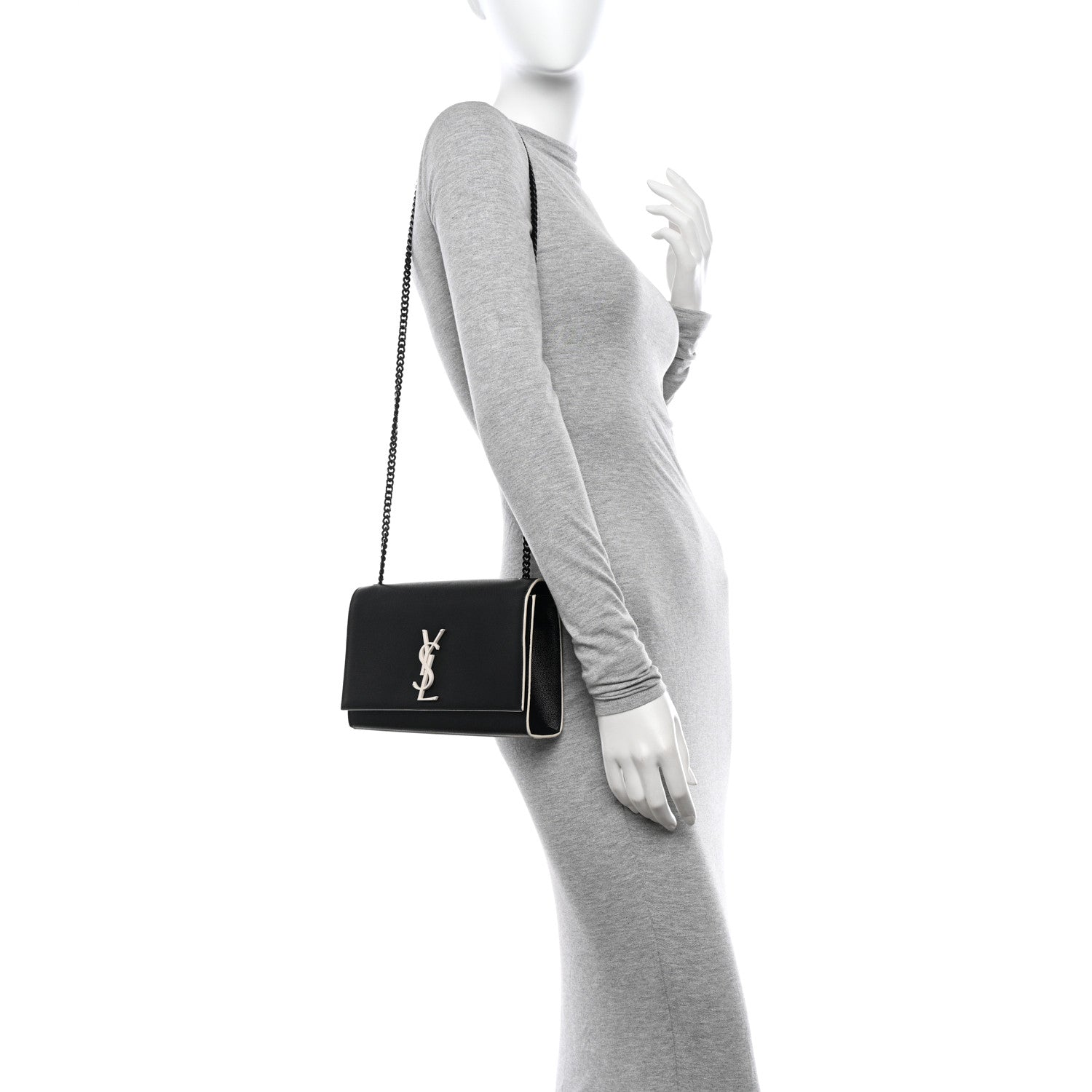 Saint Laurent Grain De Poudre Medium Classic Monogram Kate Satchel Black White 2 of 12