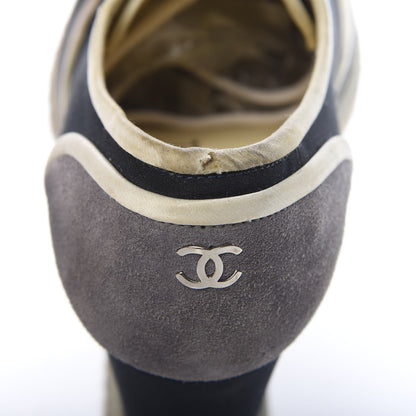 Chanel Raffia Lace Up Wedge Espadrilles 36 Grey Navy 9 of 12