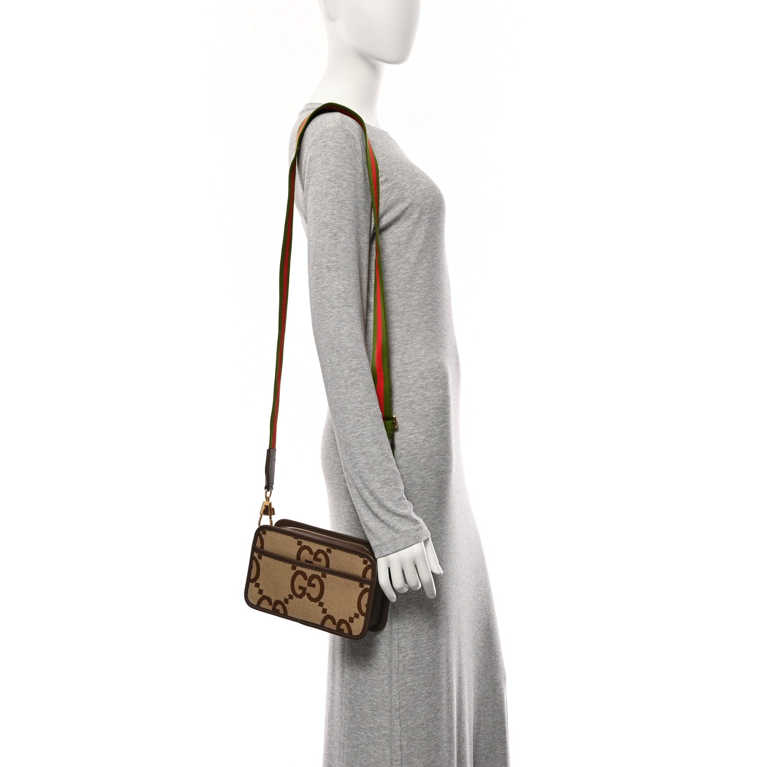 Gucci Monogram Jumbo GG Textured Dollar Calfskin Web Mini Crossbody Bag Camel Ebony New Acero 2 of 10