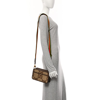 Gucci Monogram Jumbo GG Textured Dollar Calfskin Web Mini Crossbody Bag Camel Ebony New Acero 2 of 10