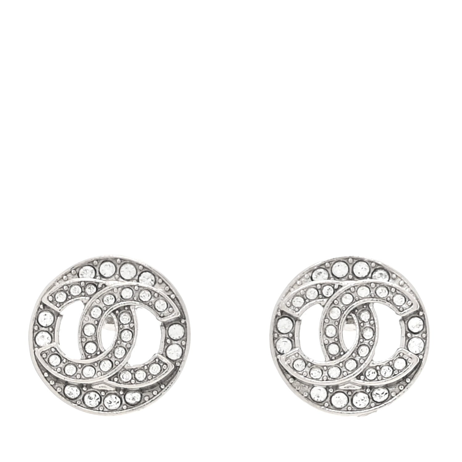 Chanel Crystal CC Round Earrings Silver 1 of 5
