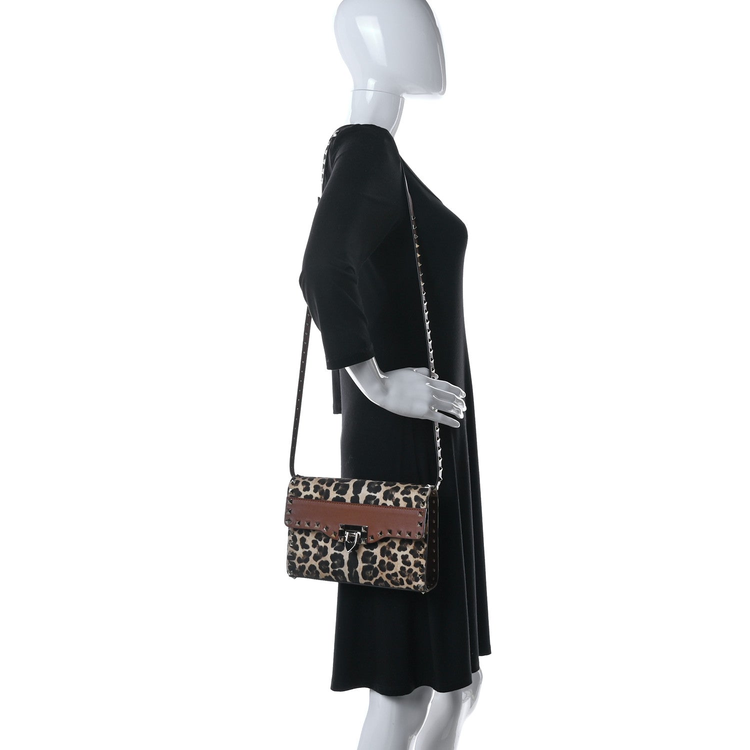 Valentino Garavani Calfskin Canvas Leopard Print Medium Rockstud Flip Lock Crossbody Bag Tan 2 of 8