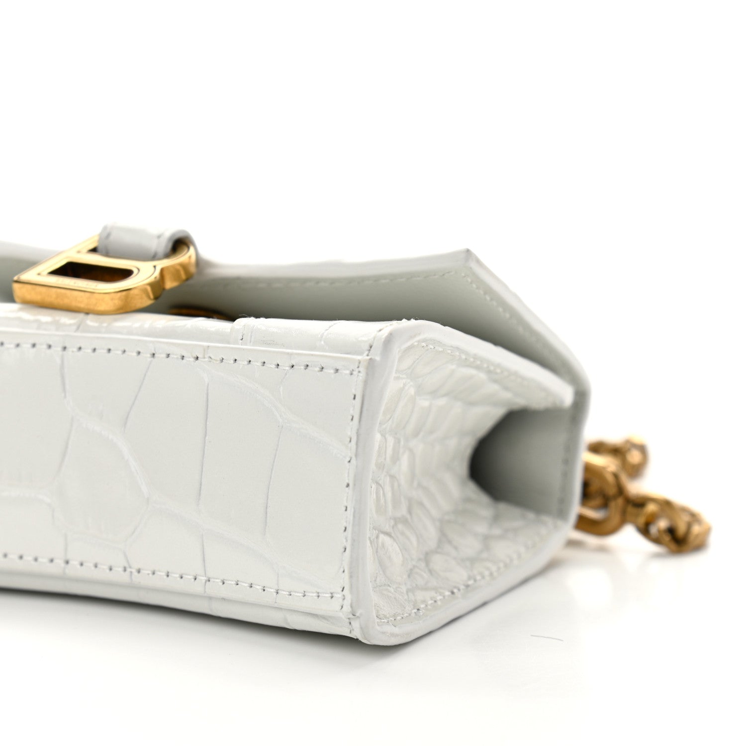 Balenciaga Shiny Calfskin Crocodile Embossed Hourglass Top Handle Bag Mini with Chain White 11 of 11