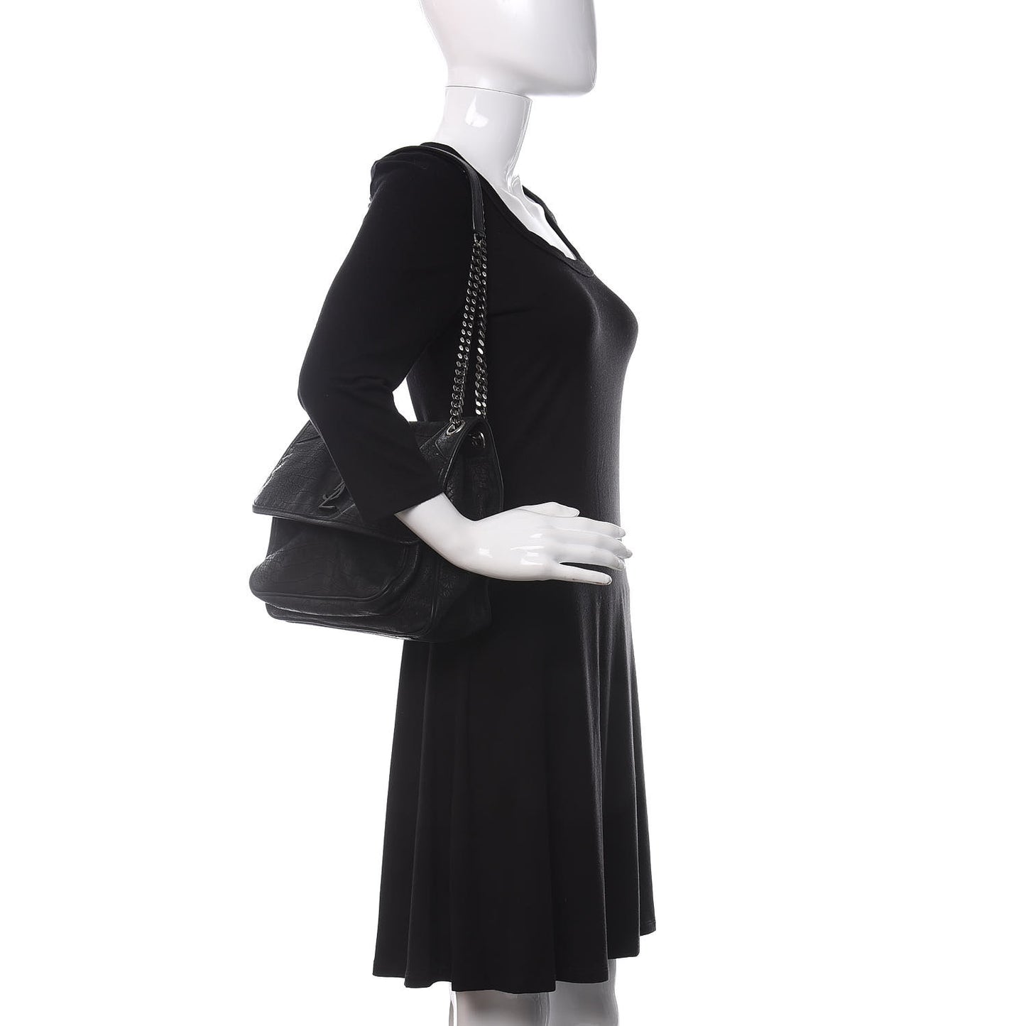 Nubuck Crocodile Embossed Monogram Medium Niki Chain Satchel Black