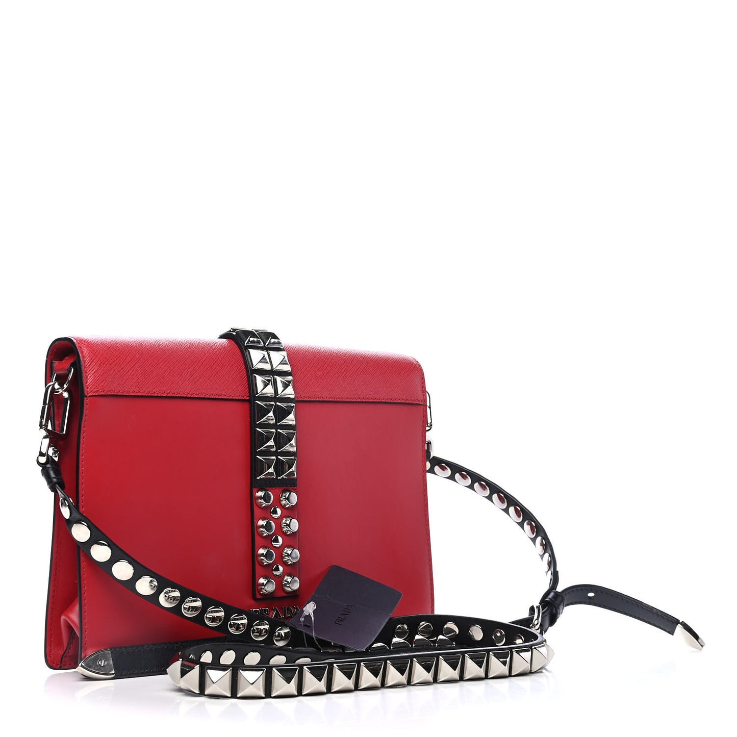 Saffiano City Calfskin Studded Large Elektra Shoulder Bag Fuoco Black