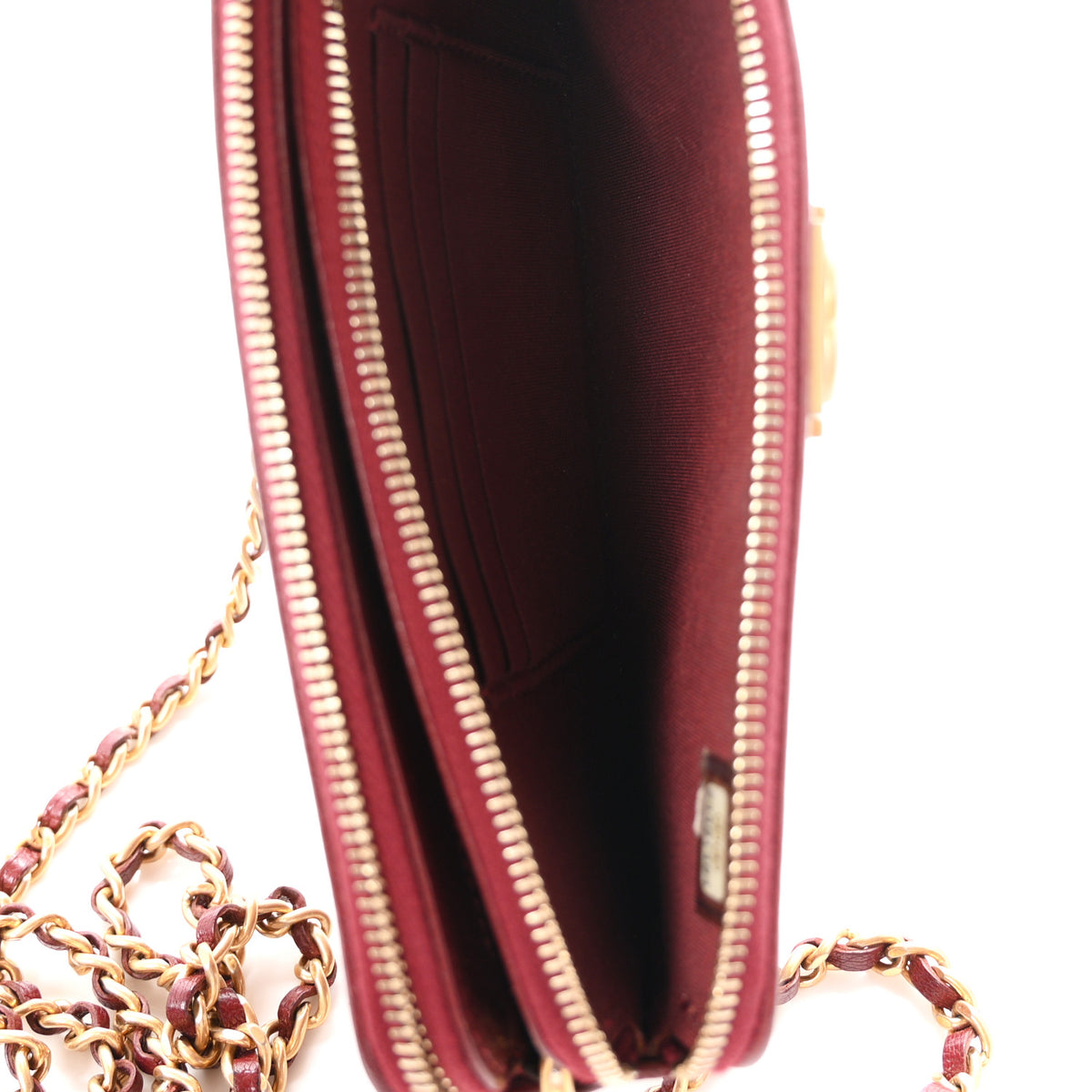 Grained Calfskin Studded Small Boy Clutch With Chain Dark Red