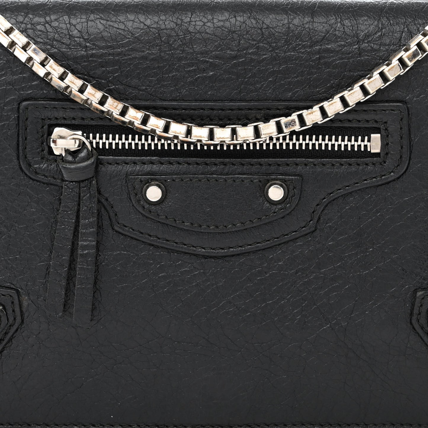 Grained Calfskin Classic Silver Hardware Wallet on Chain Black
