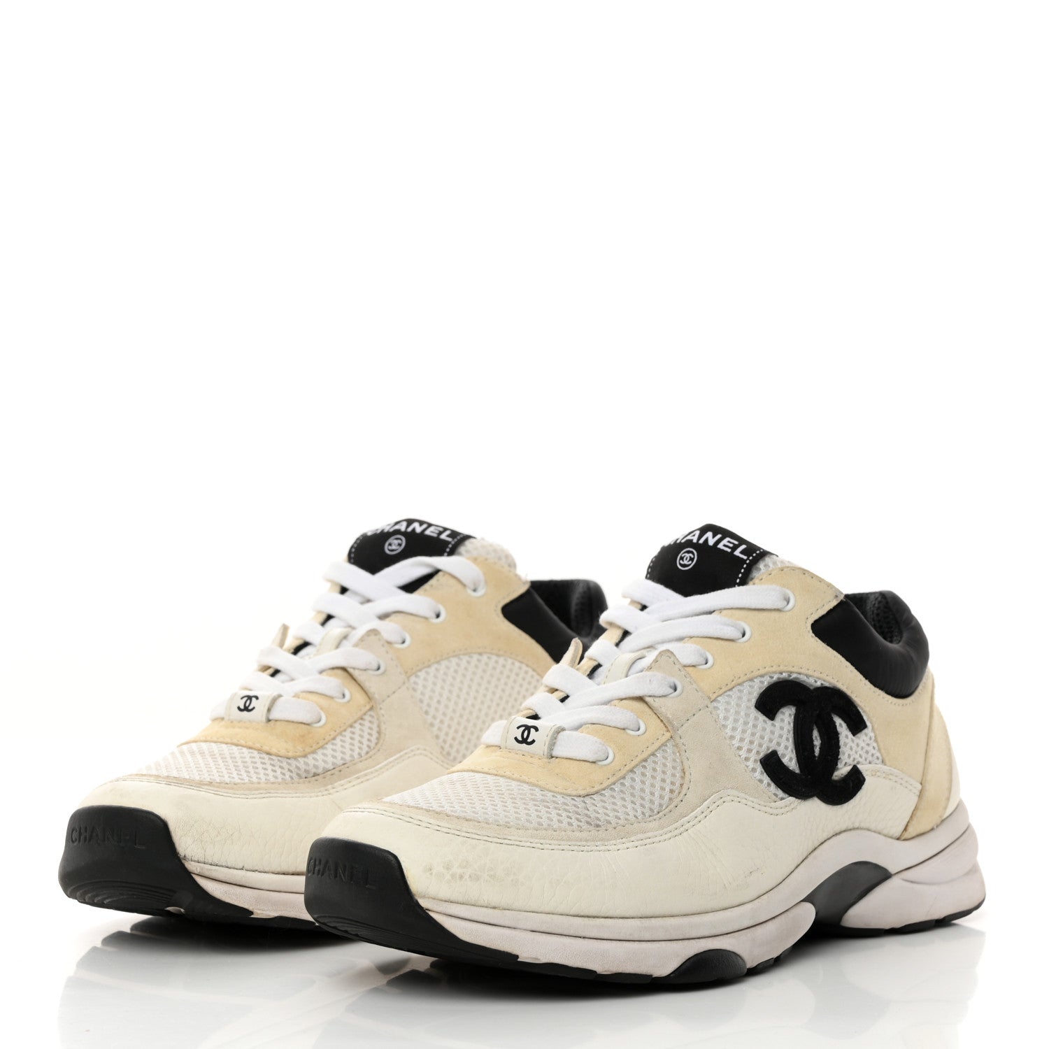 Chanel Mesh Suede Calfskin Grained Calfskin Womens CC Sneakers 39.5 White Black 3 of 10