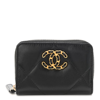 Chanel Lambskin Quilted Chanel 19 Zip Around Coin Purse Wallet Black 1 of 7