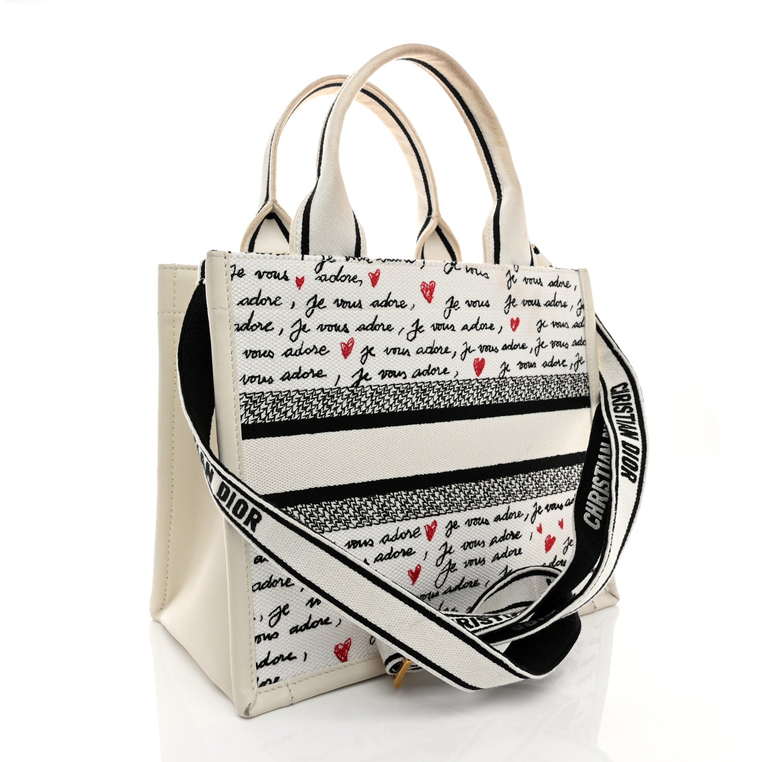 Christian Dior Calfskin Canvas Embroidered Small Dioramour Je Vous Adore Book Tote With Strap White Black Red 3 of 11