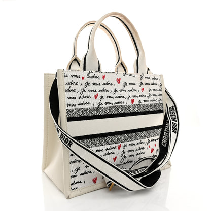 Christian Dior Calfskin Canvas Embroidered Small Dioramour Je Vous Adore Book Tote With Strap White Black Red 3 of 11