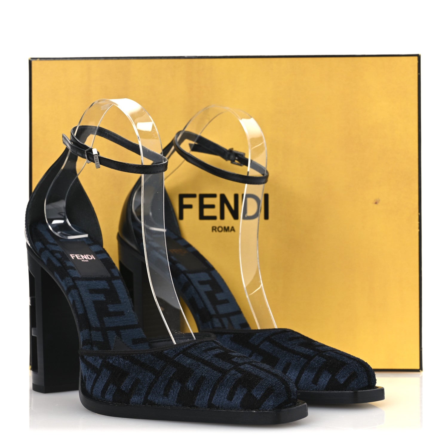 Fendi Chenille Jacquard FF Cut Baguette Ankle Strap 105mm Pumps 38 Black Blue 11 of 11