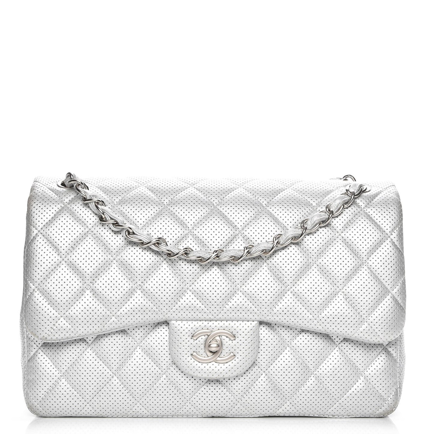 Metallic Perforated Lambskin Quilted Jumbo Double Flap Light Silver