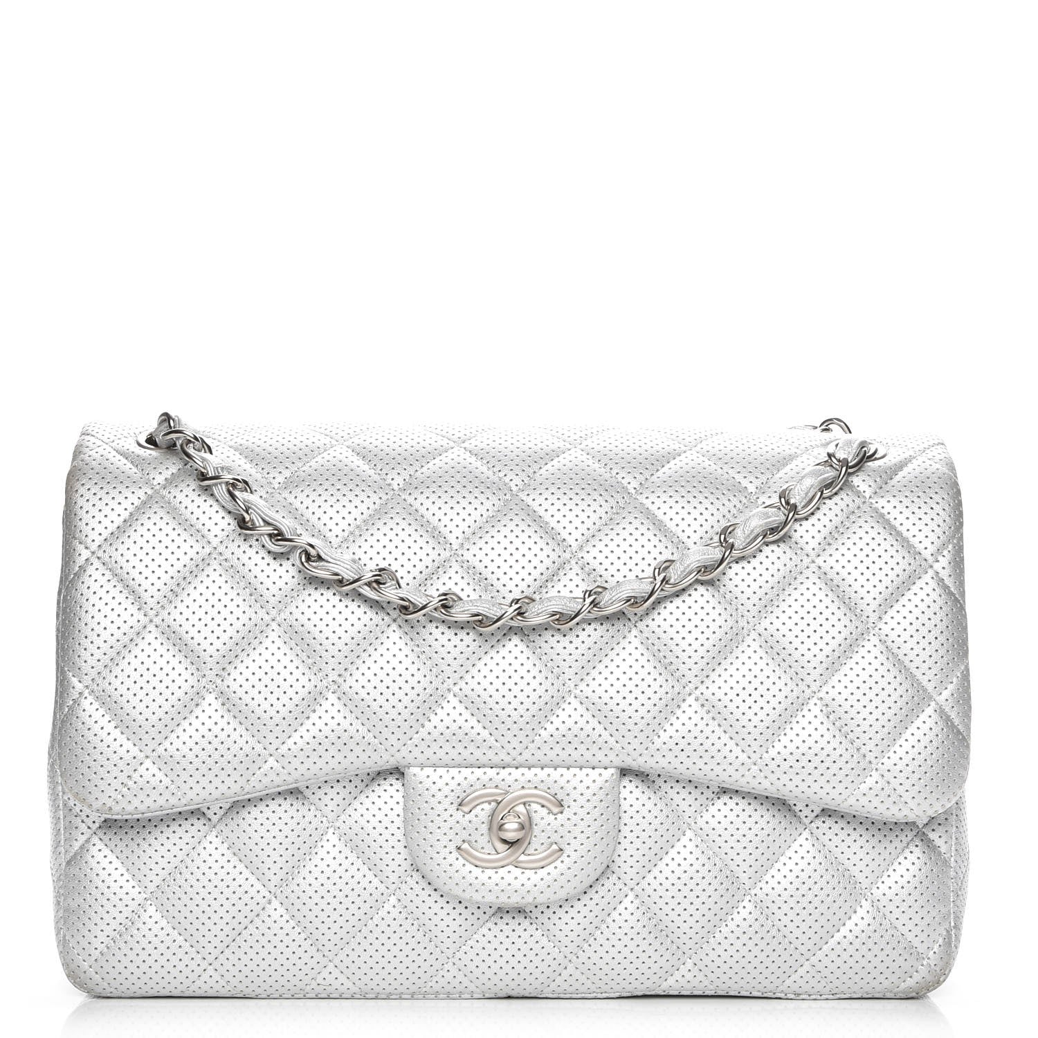 Chanel Metallic Perforated Lambskin Quilted Jumbo Double Flap Light Silver 1 of 10