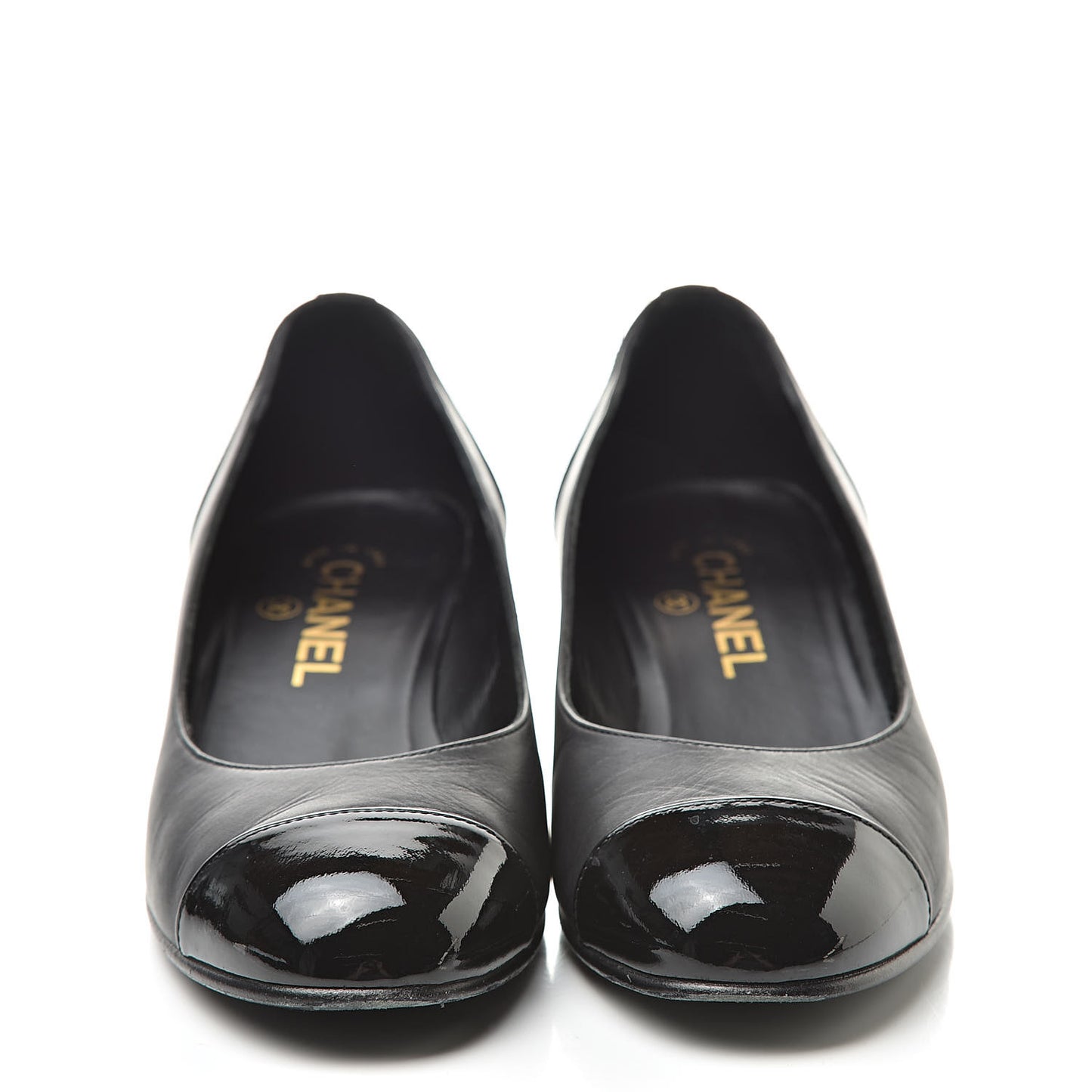 Lambskin Patent Cap Toe Low Heel Chain Pumps 36 Black