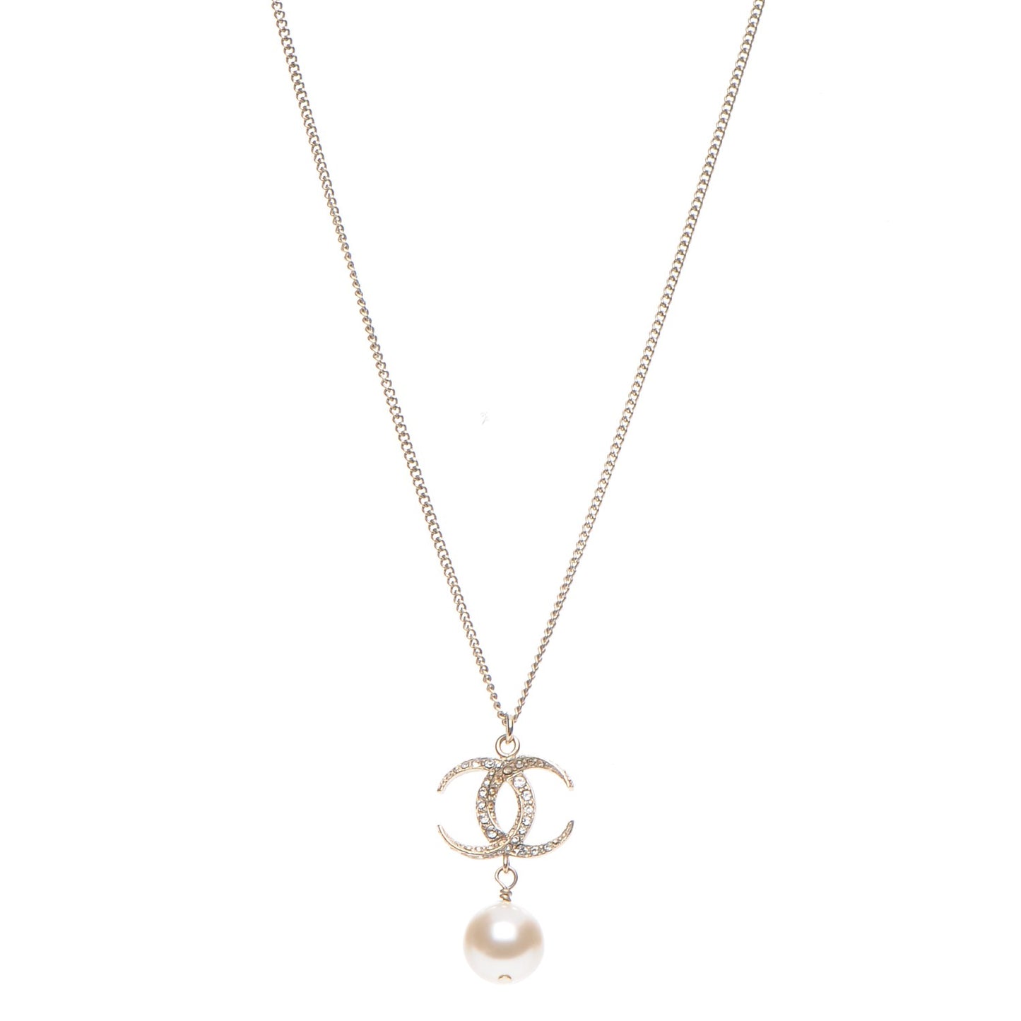 Pearl Crystal CC Drop Necklace Gold