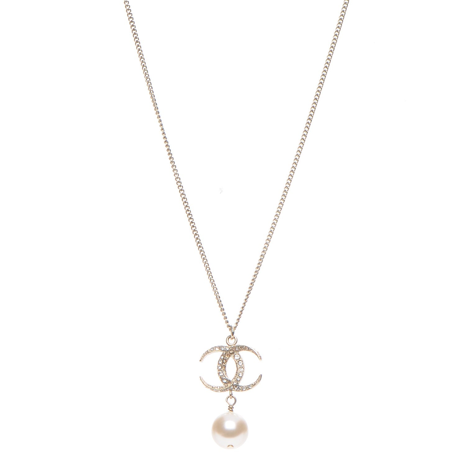 Chanel Pearl Crystal CC Drop Necklace Gold 1 of 5
