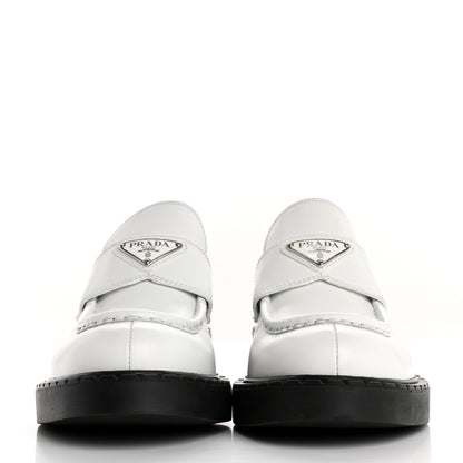 Prada Brushed Calfskin Metal Triangle Logo 20mm Loafers 39.5 White 2 of 13
