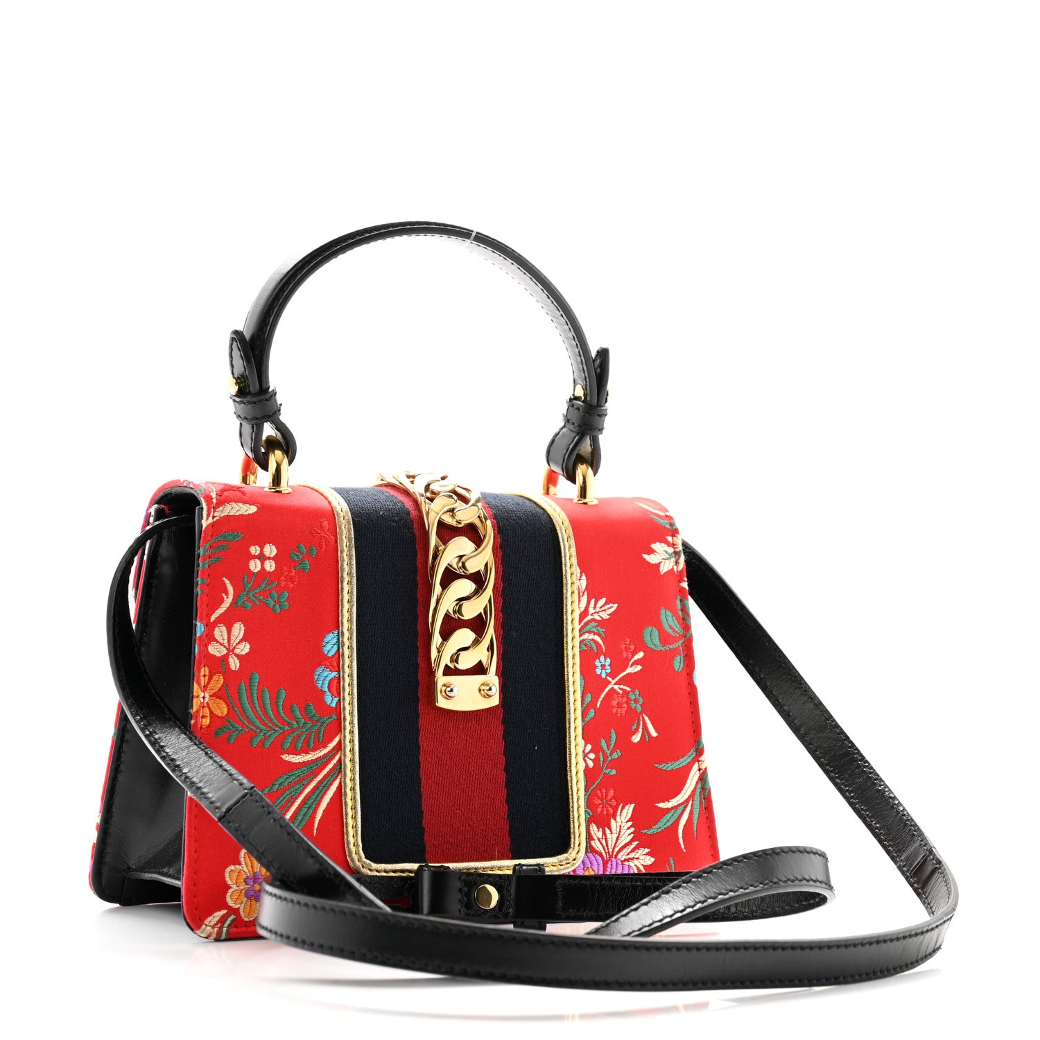 Gucci Jacquard Floral Mini Sylvie Top Handle Bag Red Multicolor Black 3 of 12