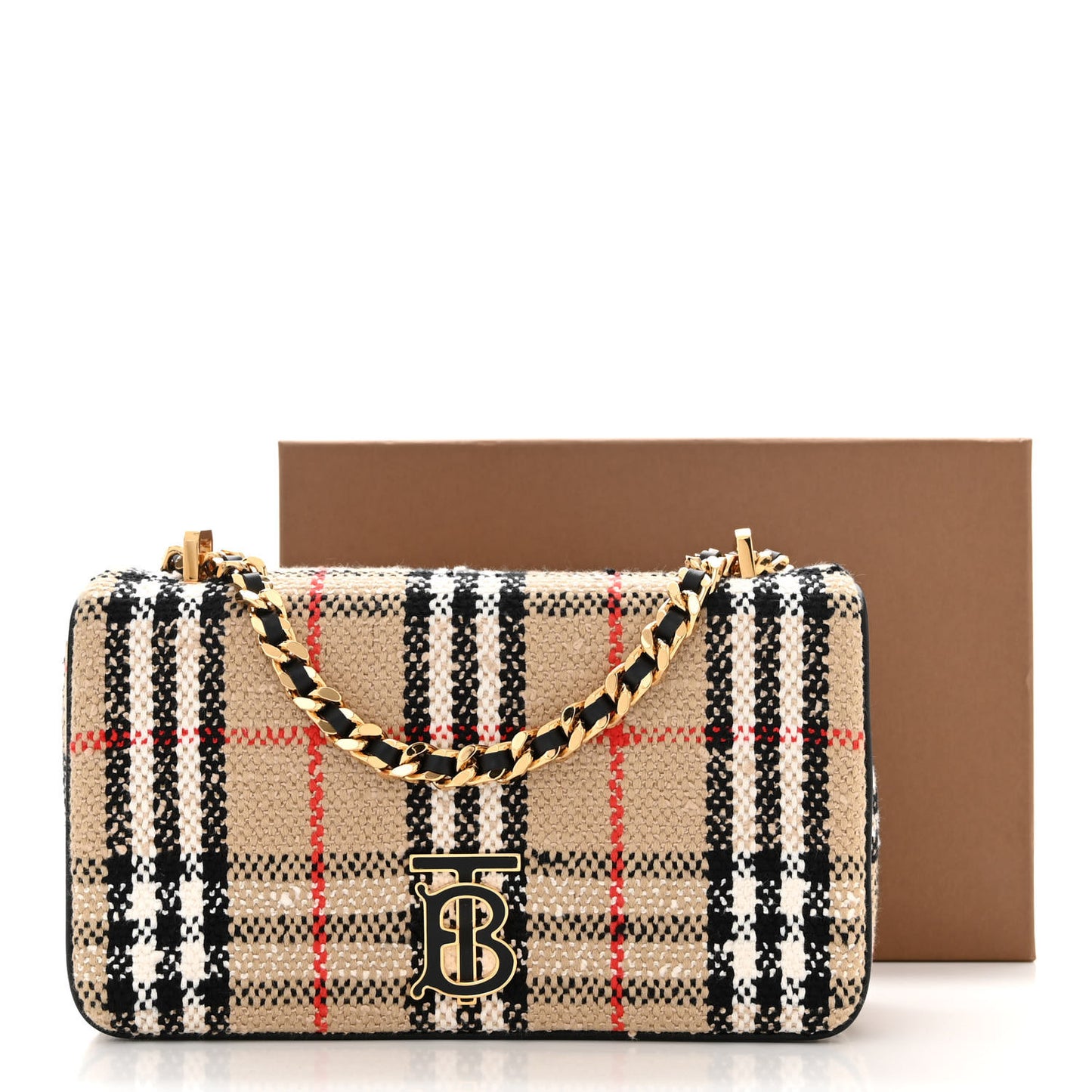 Calfskin Boucle Check Small Lola Chain Bag Archive Beige