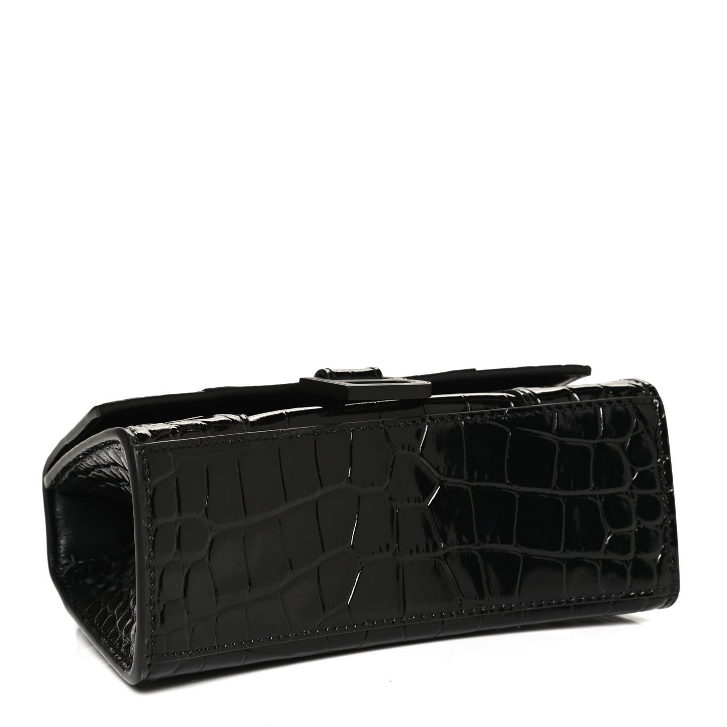 Shiny Calfskin Monochrome Crocodile Embossed Hourglass Top Handle Bag XS Black