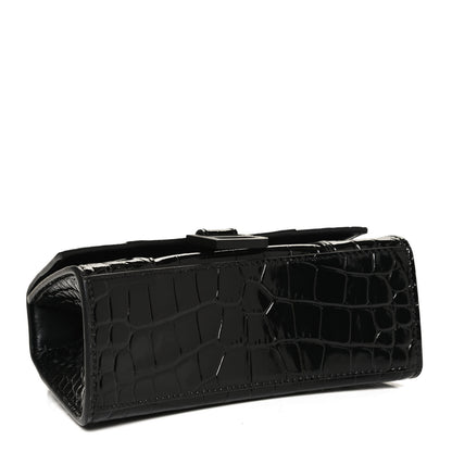 Balenciaga Shiny Calfskin Monochrome Crocodile Embossed Hourglass Top Handle Bag XS Black 4 of 11