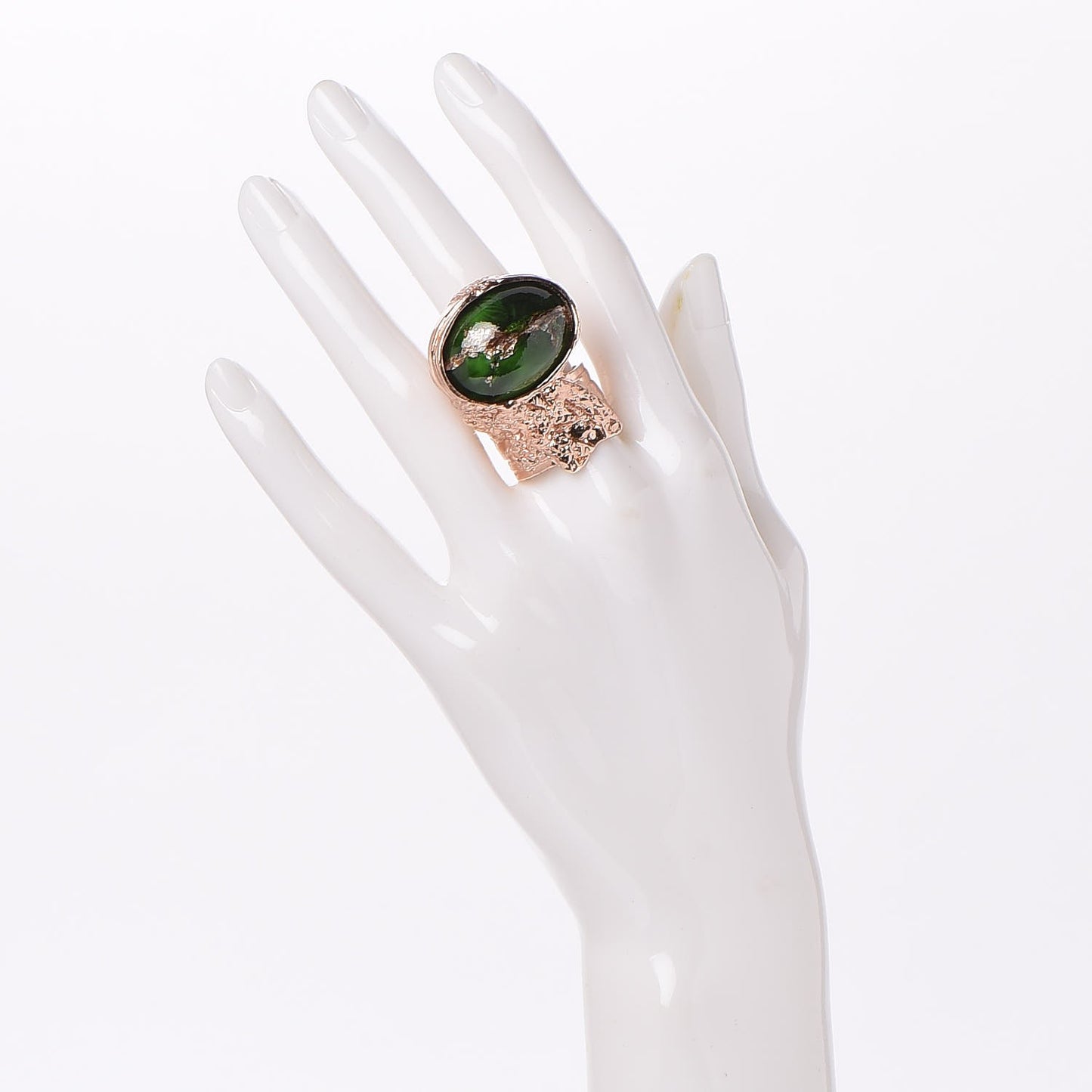 Glass Cabochon Arty Ovale Ring 8 Rose Gold Green