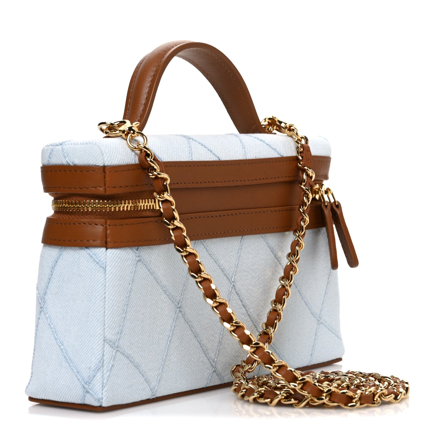 Chanel Washed Denim Calfskin Quilted Top Handle Slim Vanity Case With Chain Blue Brown 2 of 10