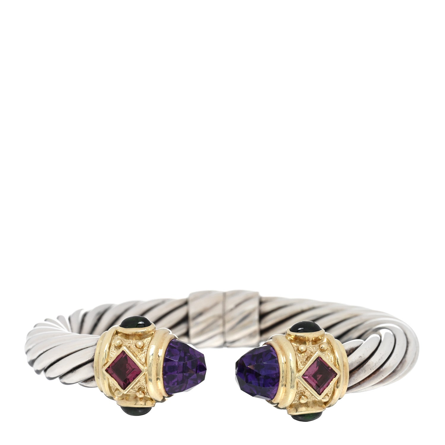 David Yurman Sterling Silver 14K Yellow Gold Amethyst Pink Green Tourmaline 10mm Cable Renaissance Bracelet 1 of 3
