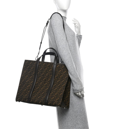 Fendi Recycled Fabric Jacquard Vitello Astro FF 1974 Shopping Tote Tobacco Moro Ebano 2 of 12